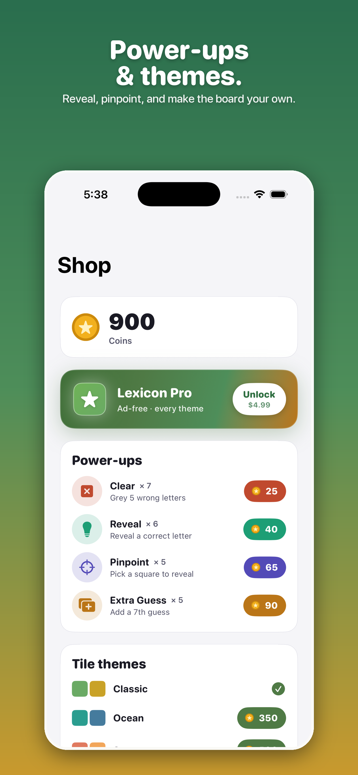 Power-ups and themes screen from Lexicon