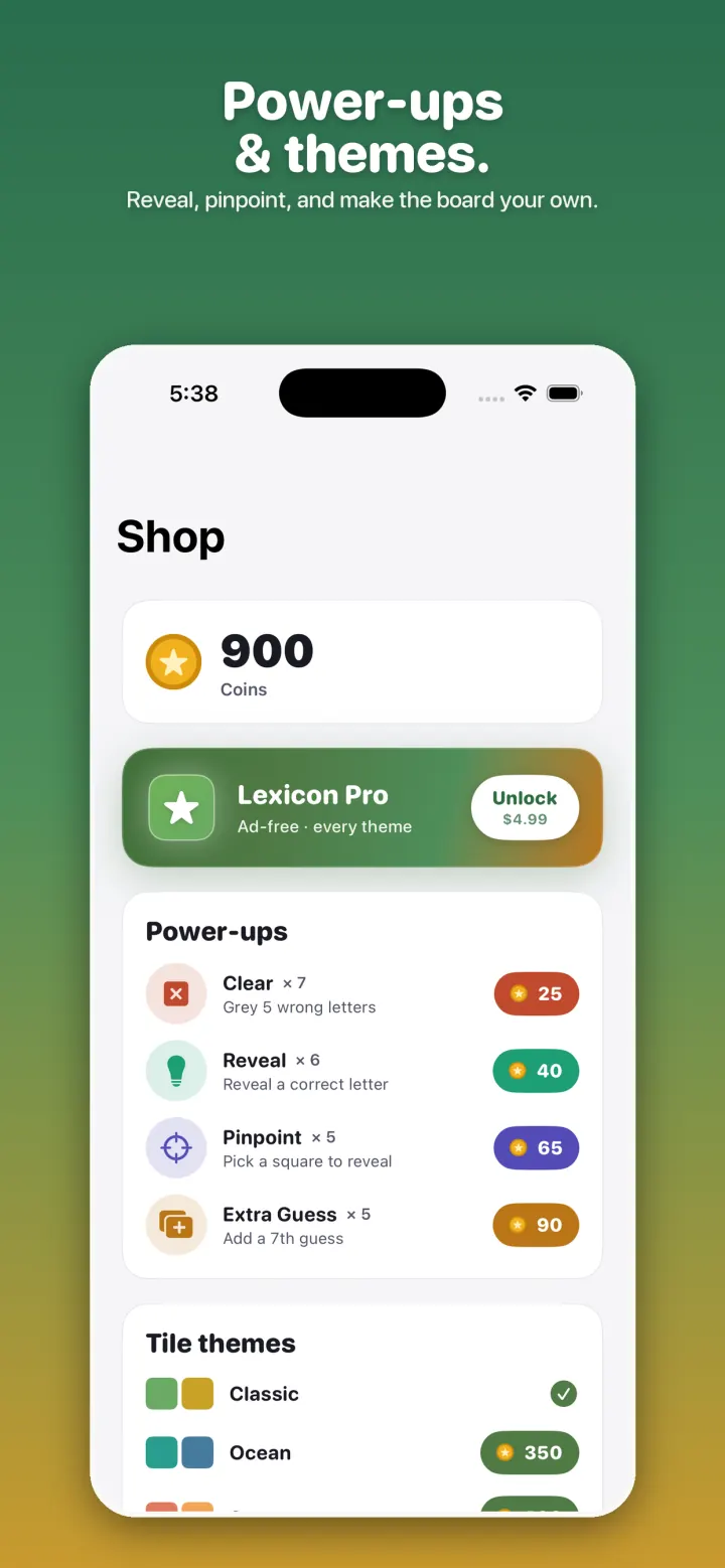 Power-ups and themes screen from Lexicon